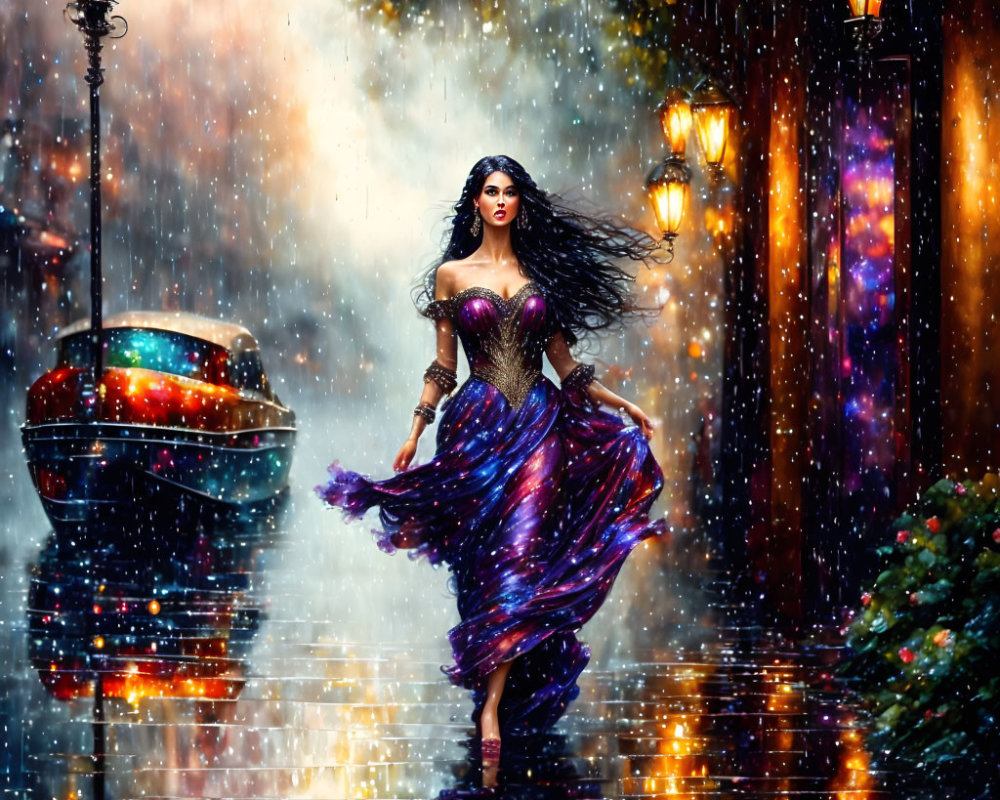 Woman in vibrant purple dress walking in rain under streetlamp with colorful planter