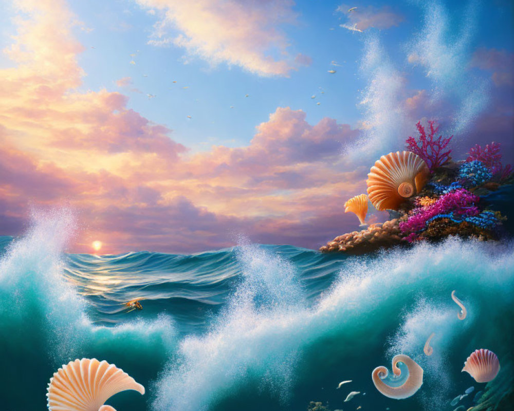 Surreal seascape with floating seashells, coral reefs, waves, and colorful sunset sky