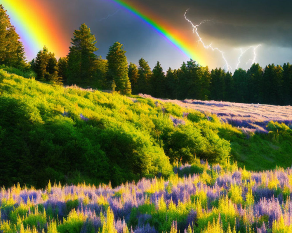 Double rainbow over lush field with lightning in dramatic sky