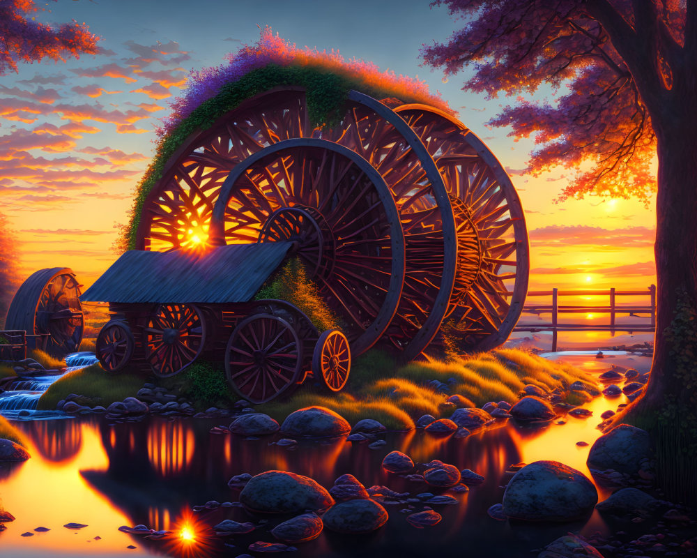 Tranquil Sunset Scene with Waterwheel by Stream