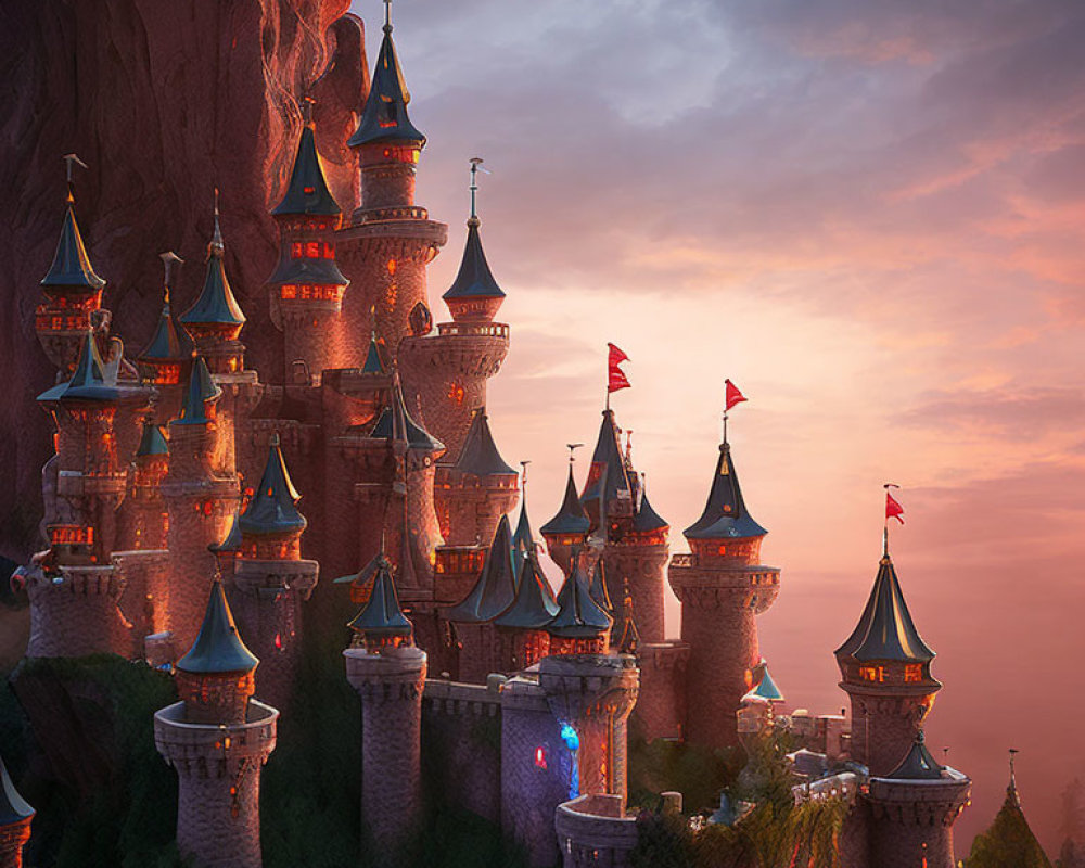 Majestic fairytale castle with spires and towers against dramatic sunset sky