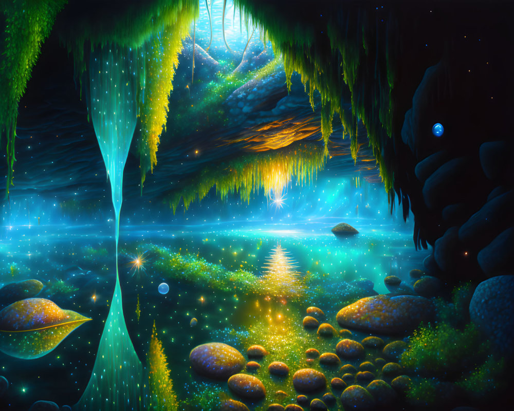 Enchanting glowing cavern with blue waters and illuminated tree