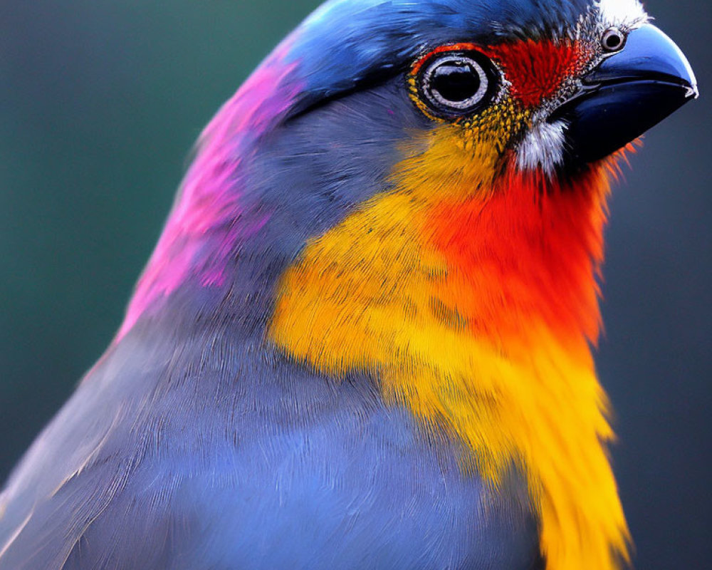 Colorful Bird with Blue Head, Red Cheeks, Yellow Chest, and Pink Neck on Dark Background