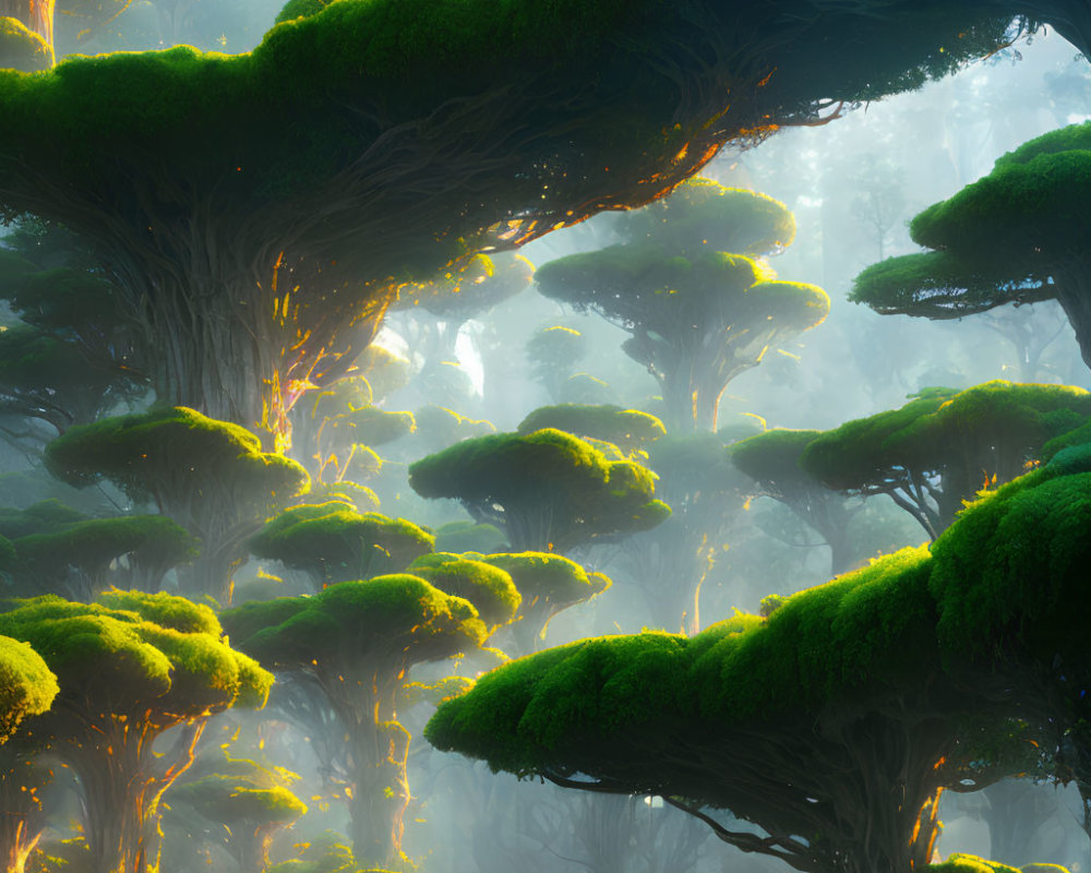 Moss-covered trees in ethereal forest with soft sunlight and mist