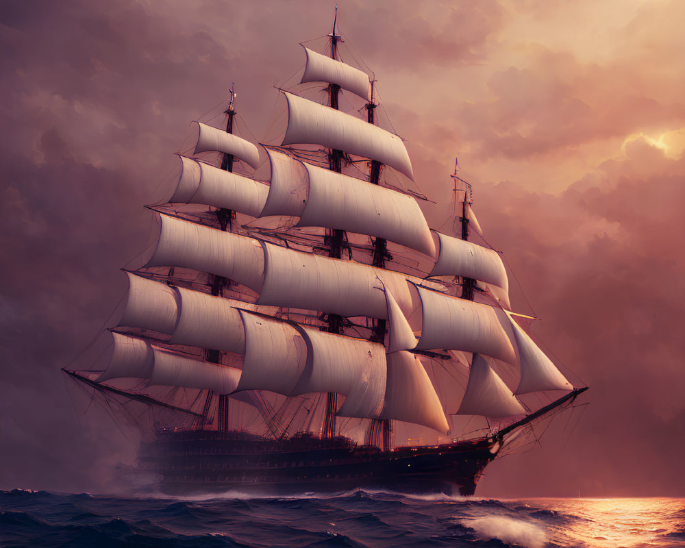 Tall ship with full sails in choppy ocean under sunset sky