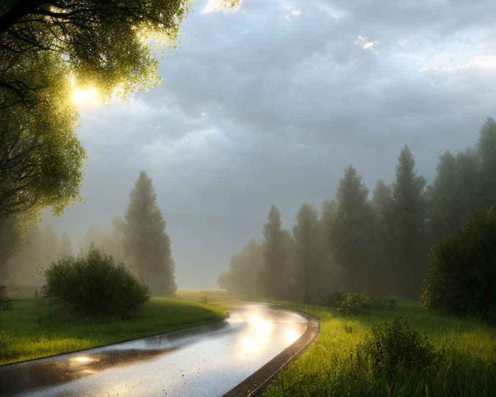 Scenic wet road winding through lush green forest