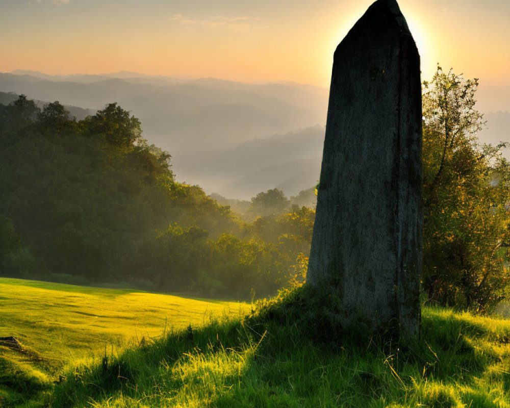 Standing Stone Monolith at Sunset Over Misty Landscape