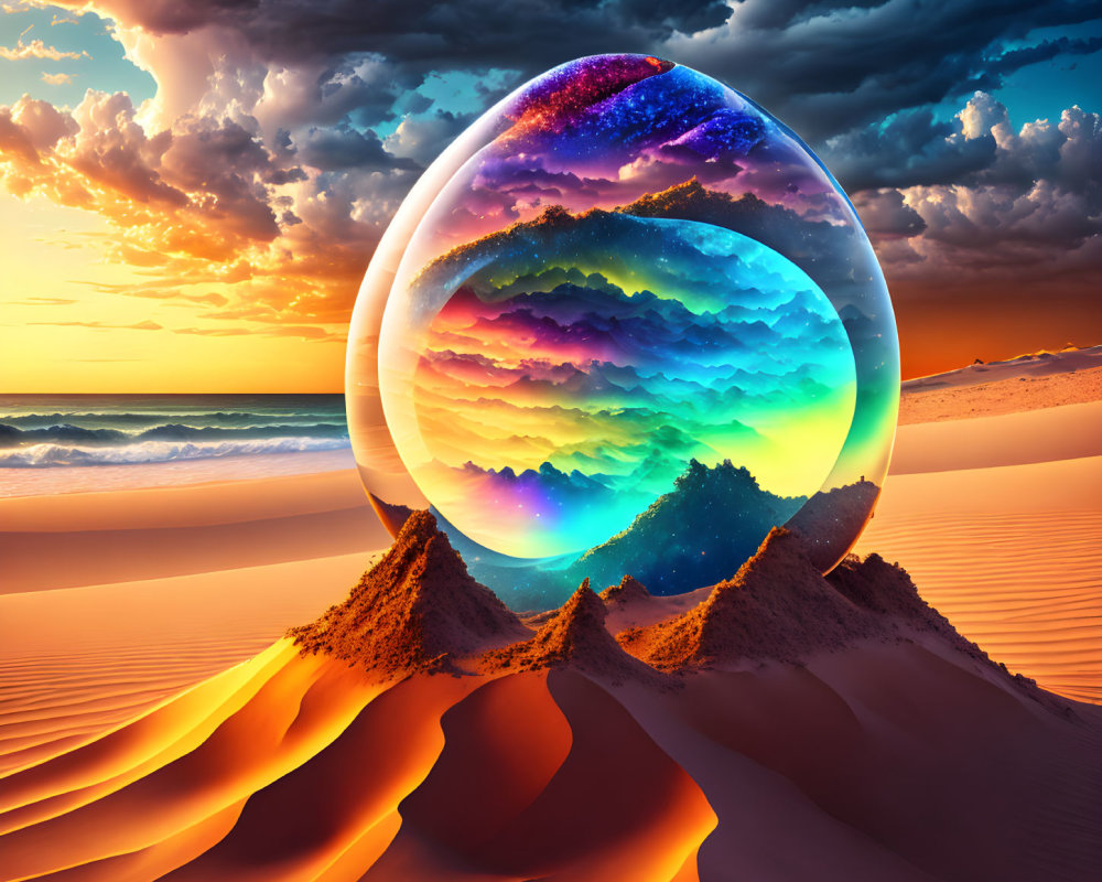 Colorful cosmic egg on desert dunes under sunset sky