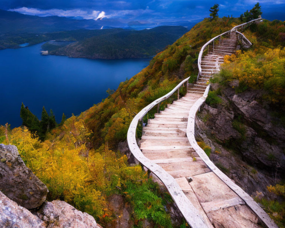 Scenic wooden boardwalk above autumn lake on cliff side