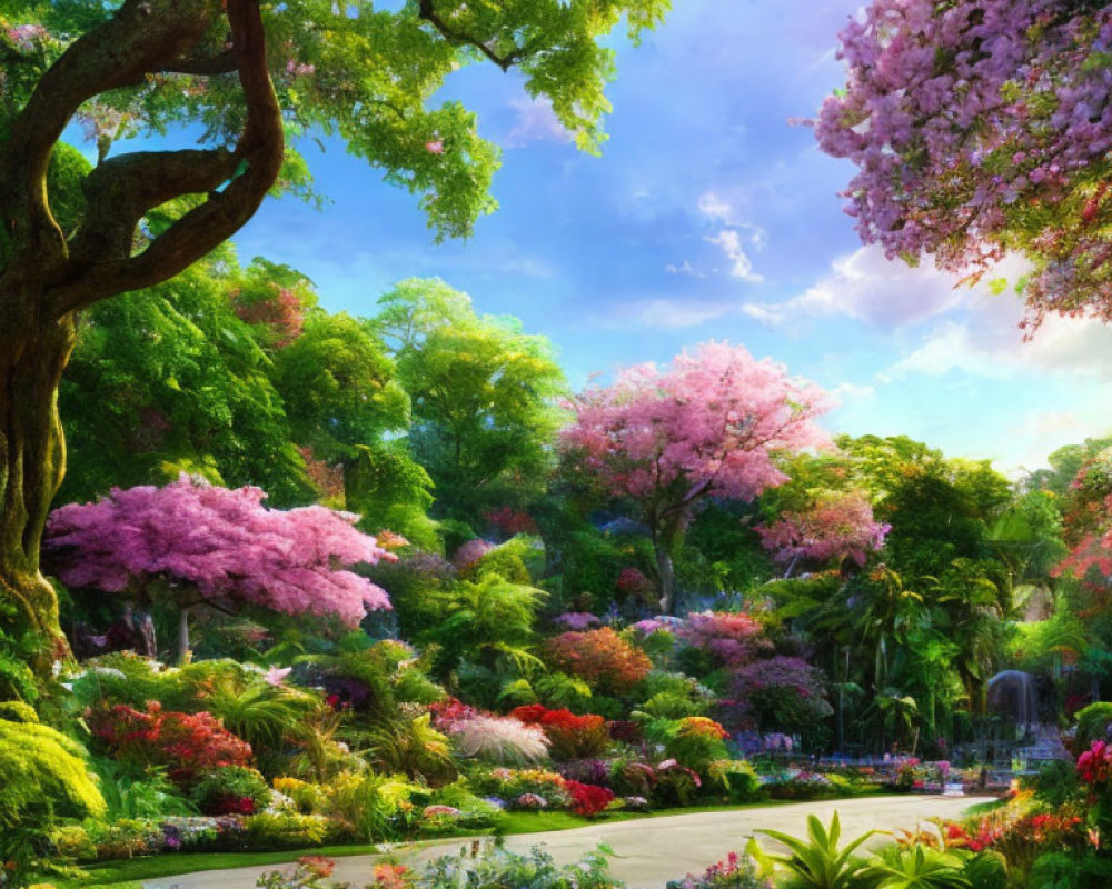 Vibrant Flower Garden with Pink Trees and Waterfall