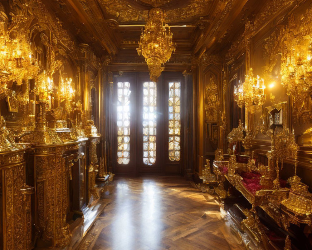 Luxurious Gilded Room with Wood Panels, Chandeliers, and Sunlit Herringbone Floor