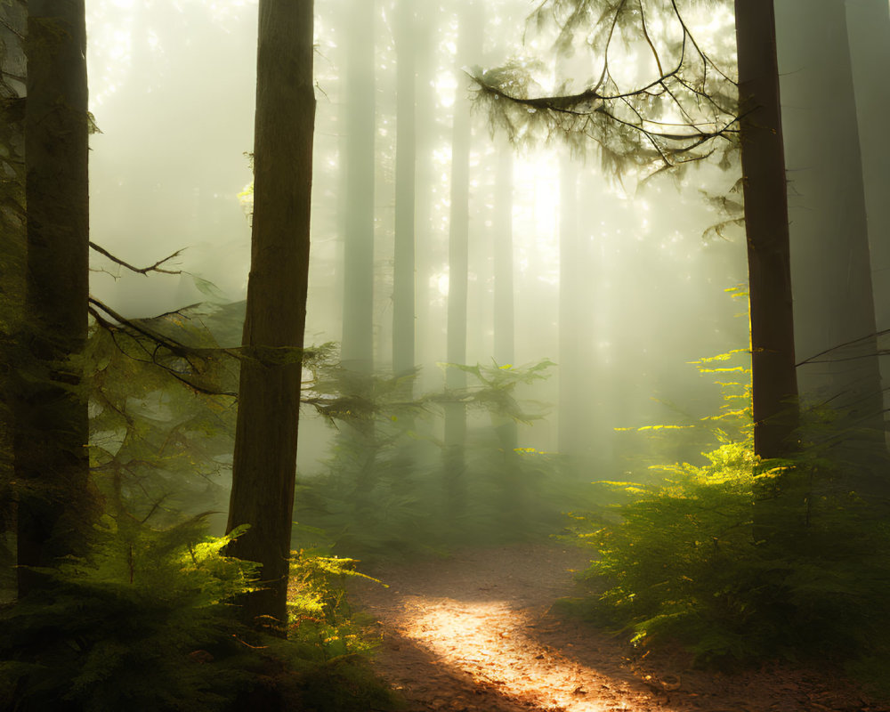 Misty forest path with sunbeams and tall trees