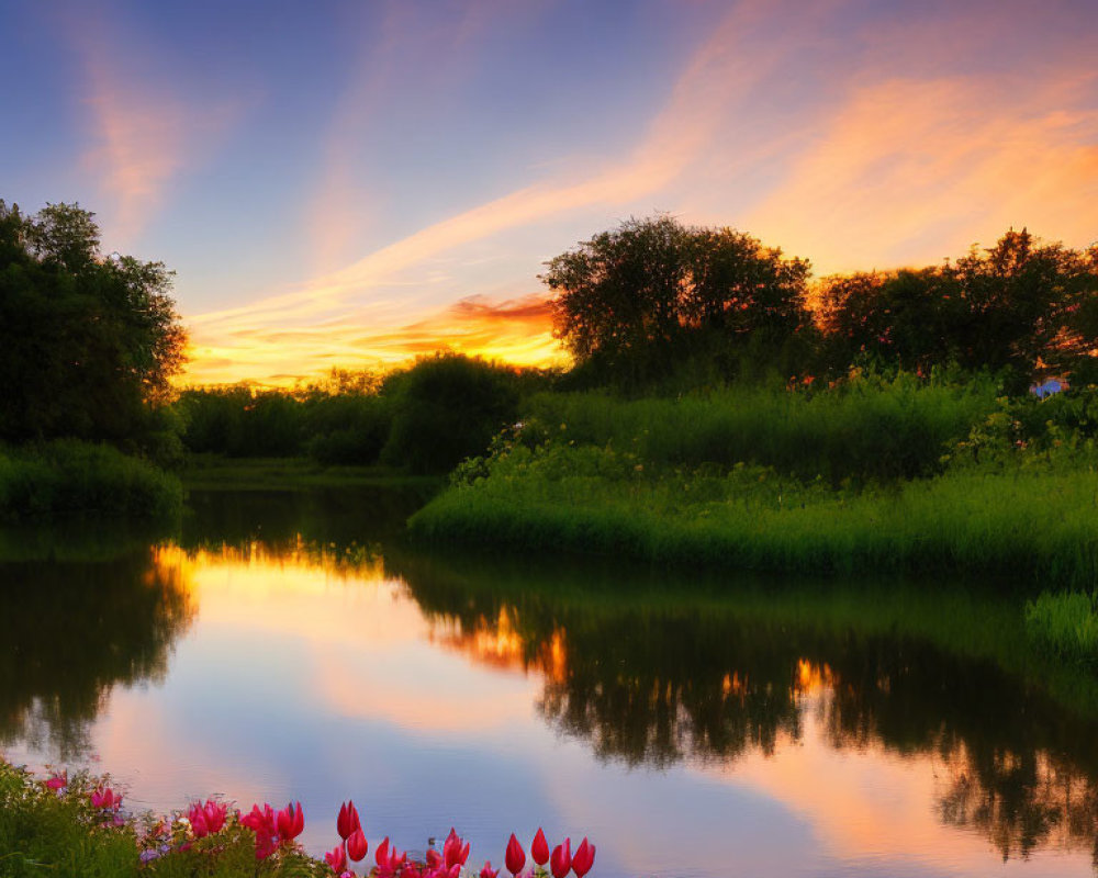 Tranquil river with pink flowers under vibrant sunset sky