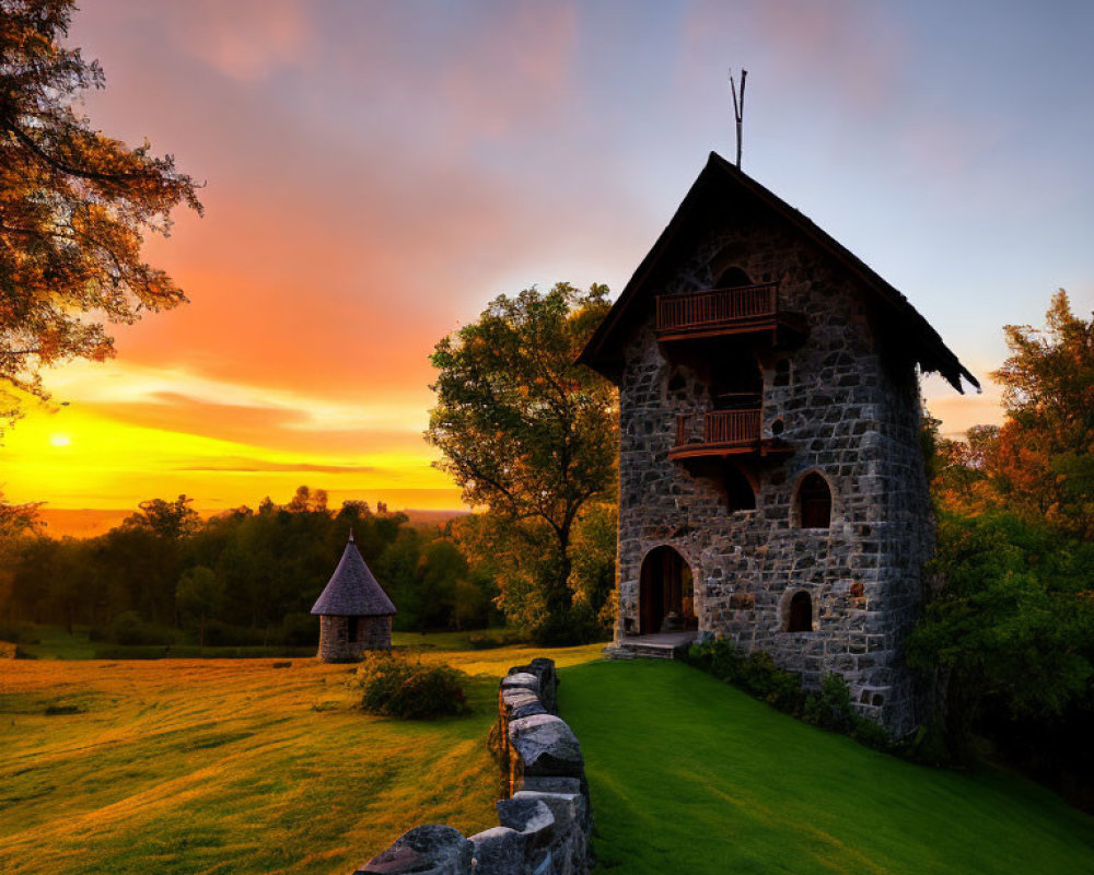 Stone house with balcony in green lawn at sunset with stone fence & warm sky