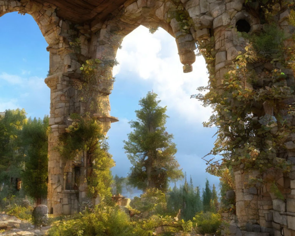 Ancient stone structure ruins with arches, greenery, birds, and blue sky