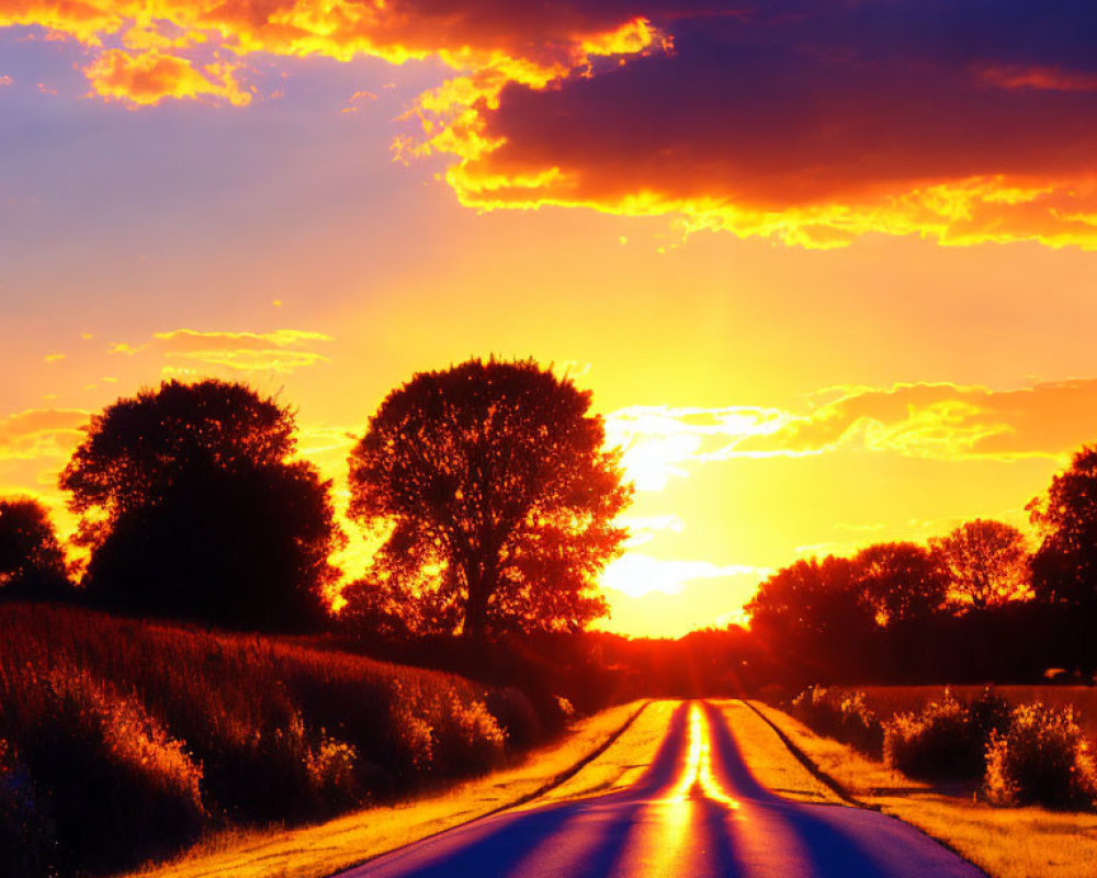 Vivid Fiery Sunset Over Country Road