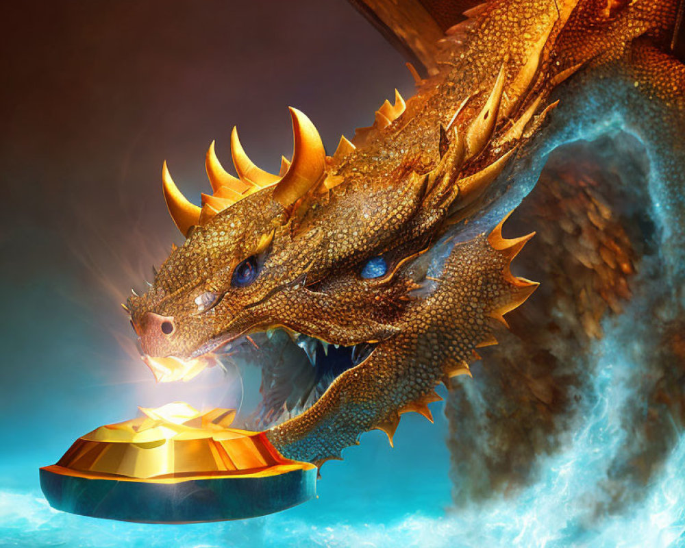 Golden dragon breathing fire on treasure chest in fiery setting