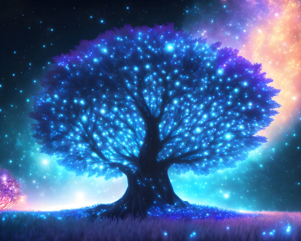 Vibrant digital artwork of glowing tree with blue leaves on cosmic background