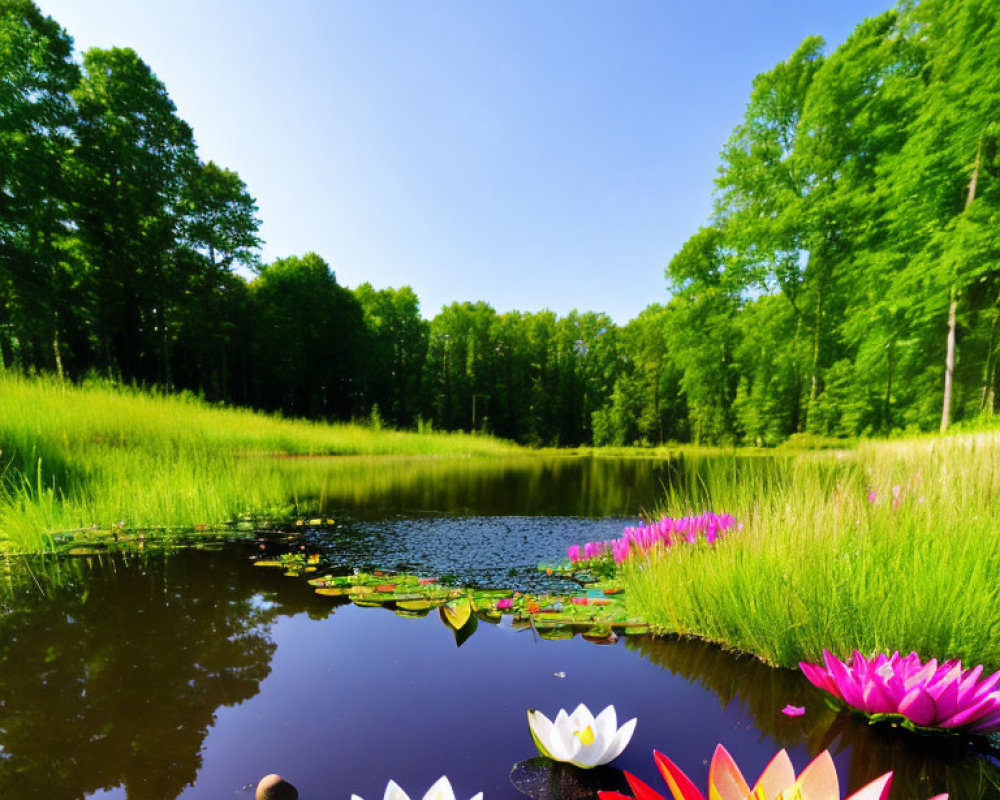 Tranquil pond with vibrant water lilies and lush greenery