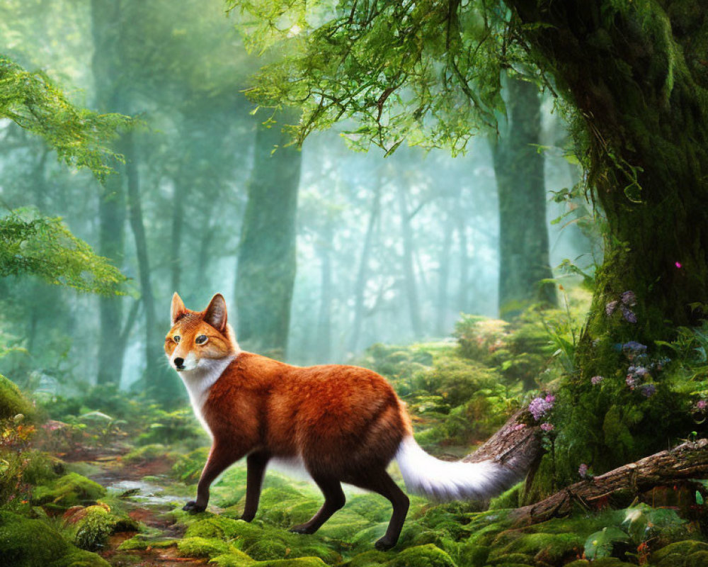 Mystical forest scene with vibrant red fox and ancient trees