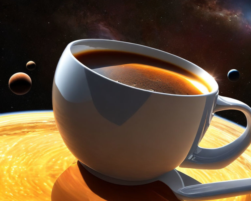 Digital artwork of oversized coffee cup in space with sun and planets