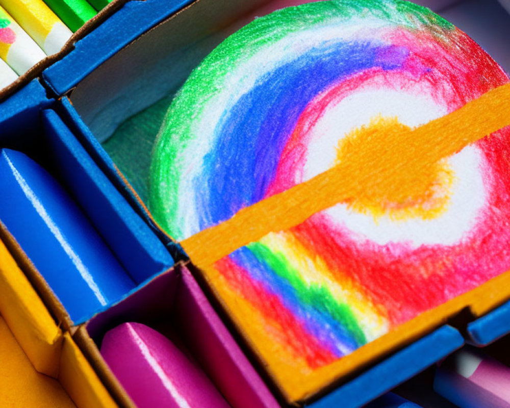 Vibrant rainbow drawing surrounded by colorful crayons in box