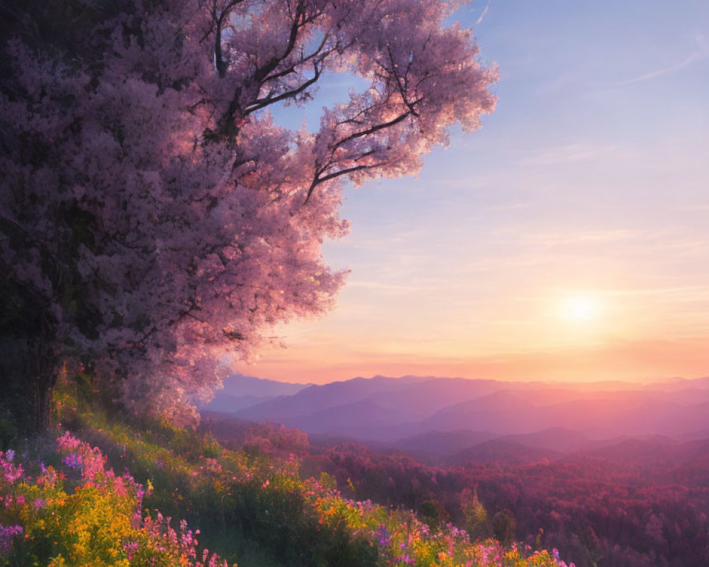 Scenic sunset view with cherry blossoms and mountain range