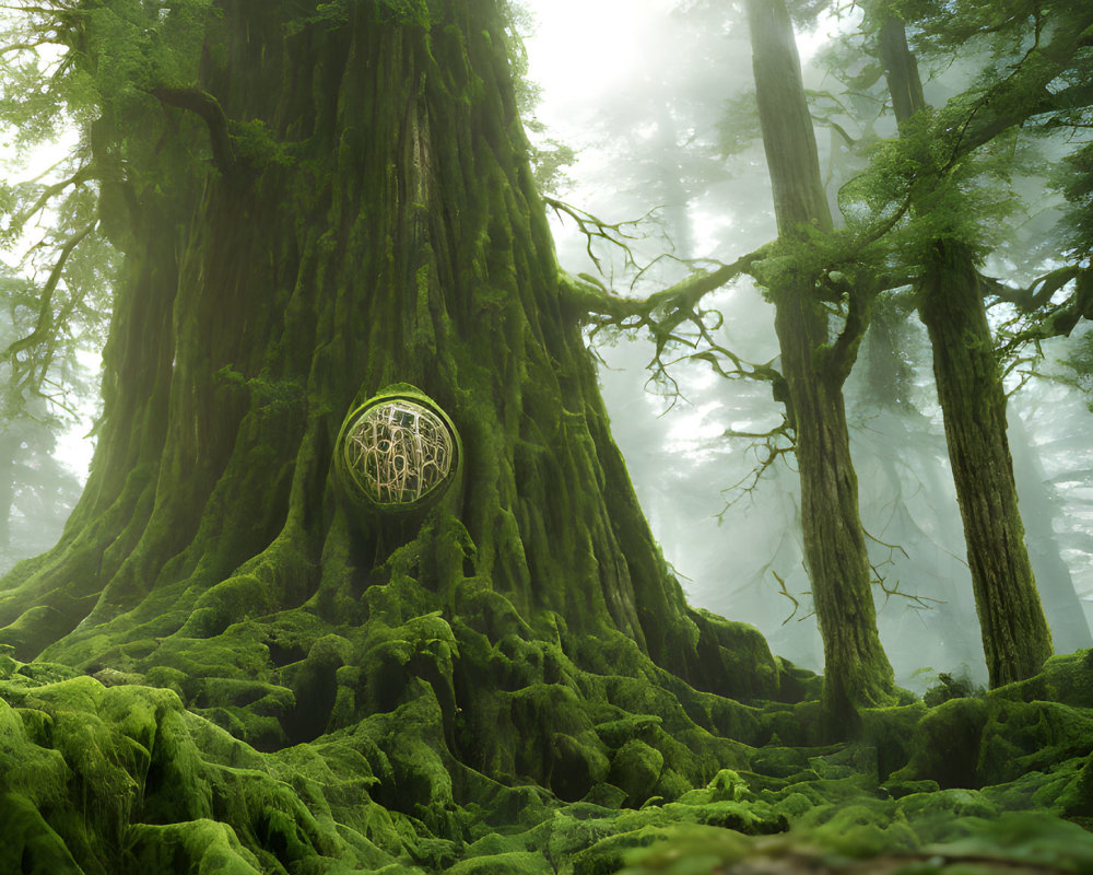 Mystical green forest with moss-covered tree trunk and circular window