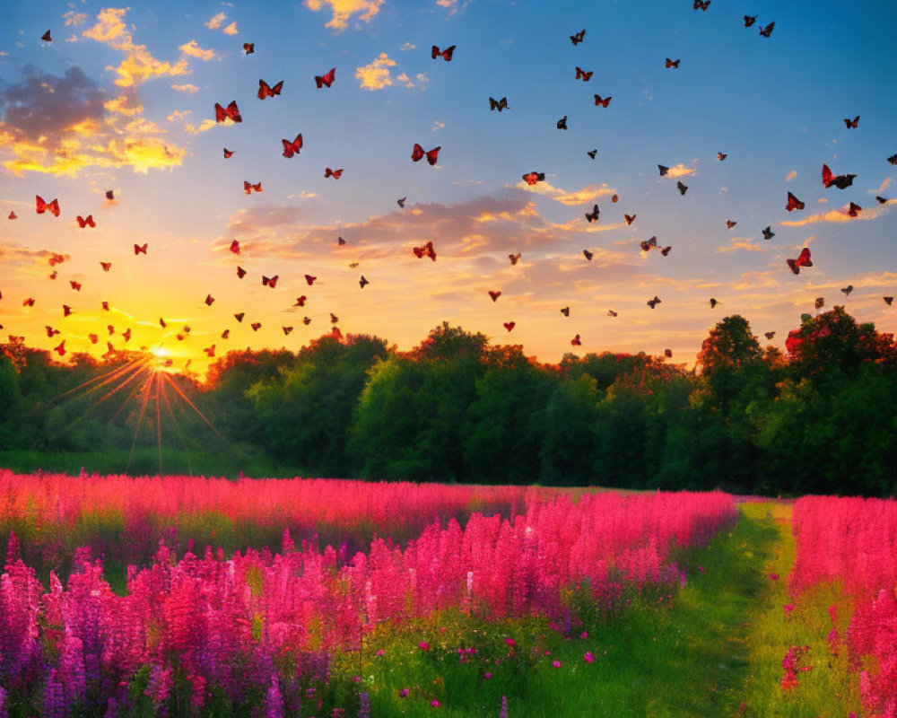 Colorful sunset scene with butterflies over flower field