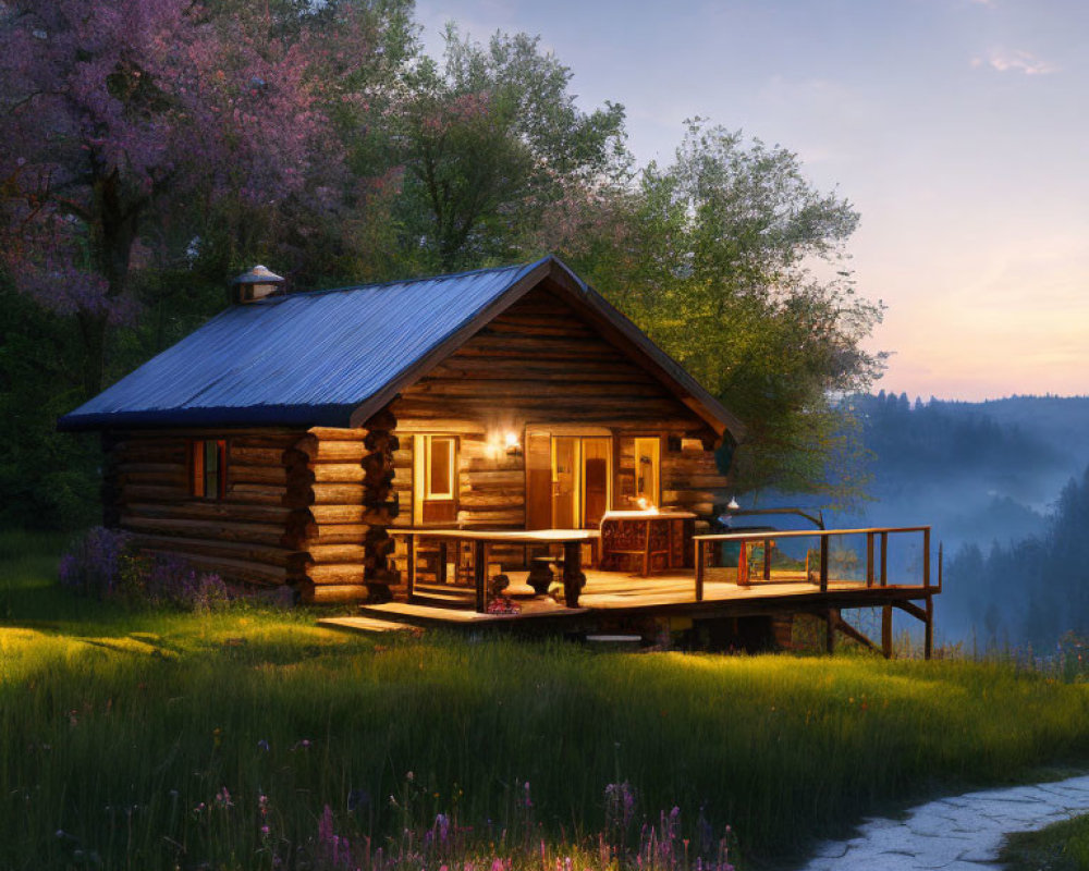 Tranquil twilight scene of cozy wooden cabin with lit porch