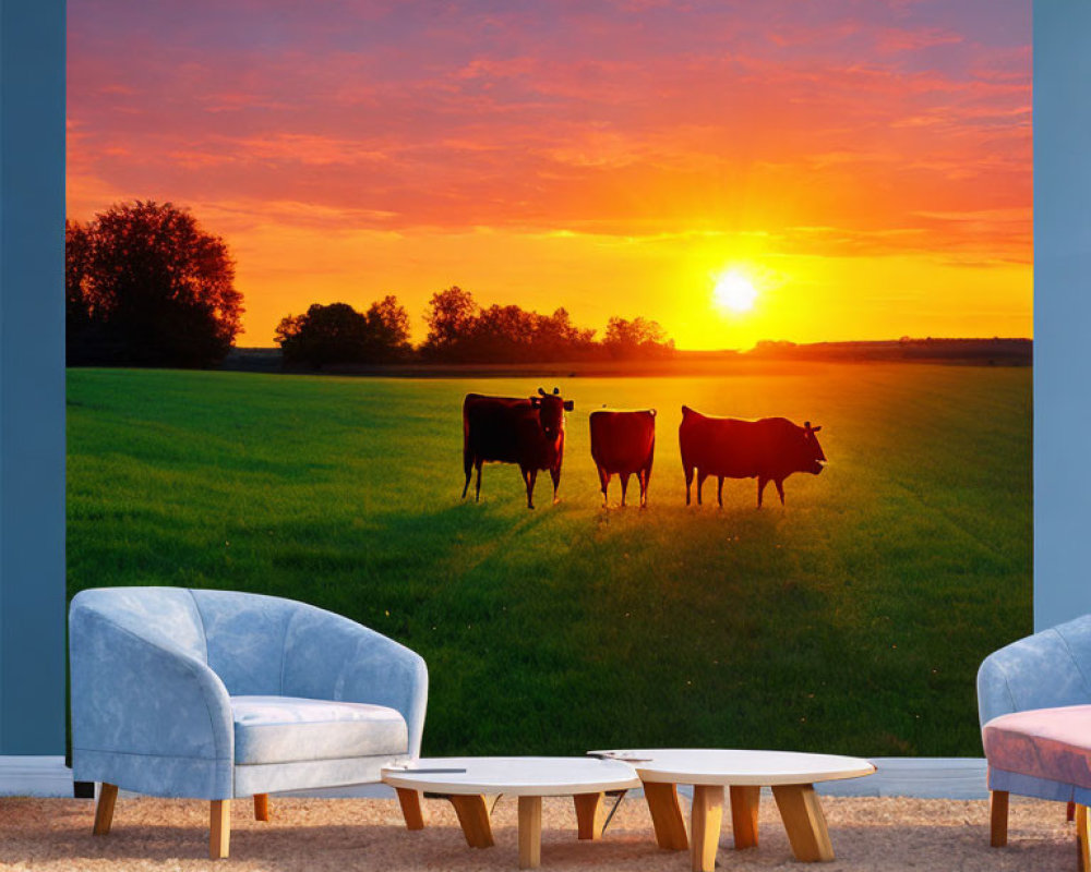 Wall mural of serene sunset with cow silhouettes in grassy field from room with blue armch