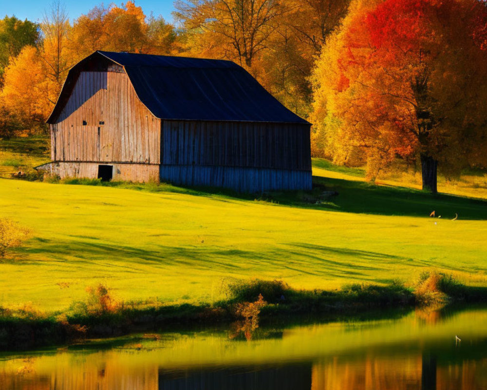 Rustic barn by calm lake with autumn trees reflection