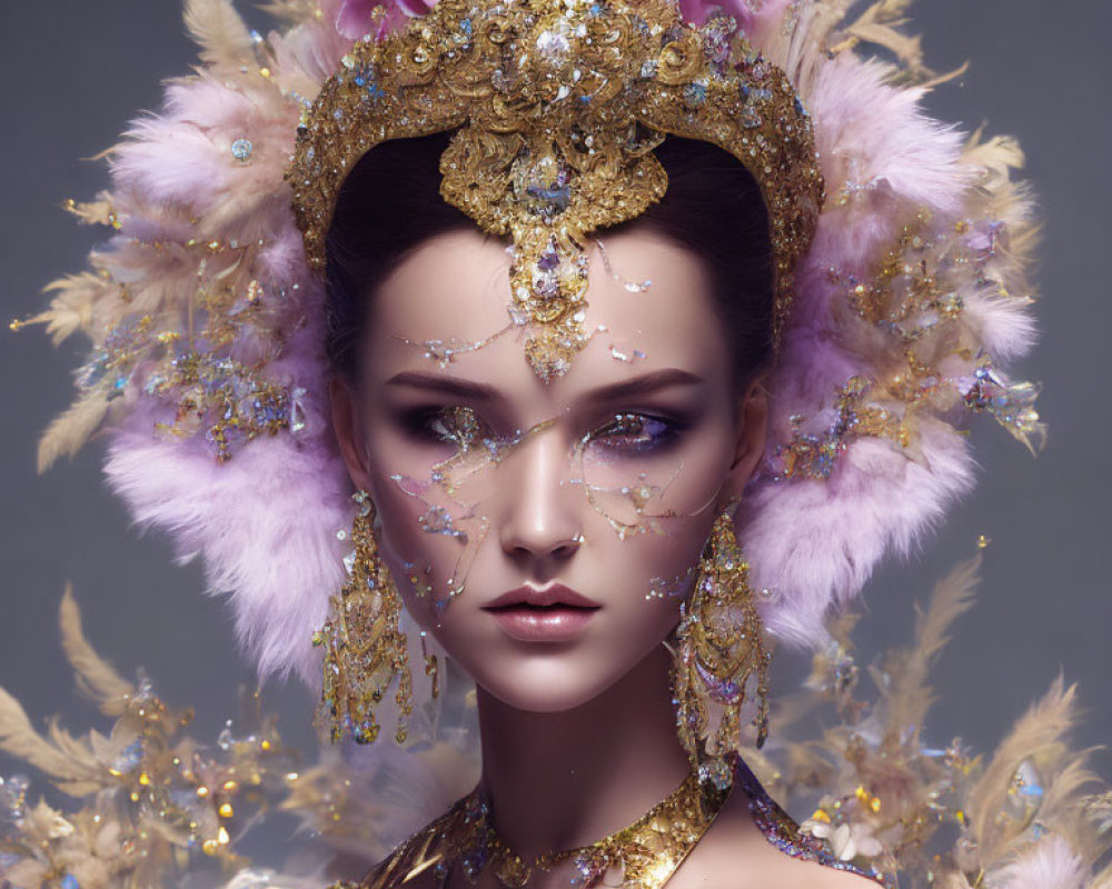 Luxurious Gold and Pink Feathered Headpiece on Woman against Complementary Background