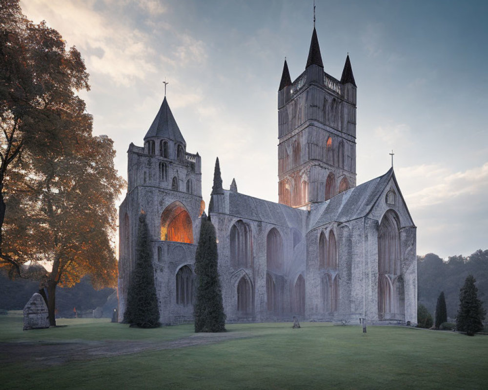 Medieval cathedral at twilight with Gothic arches in serene landscape