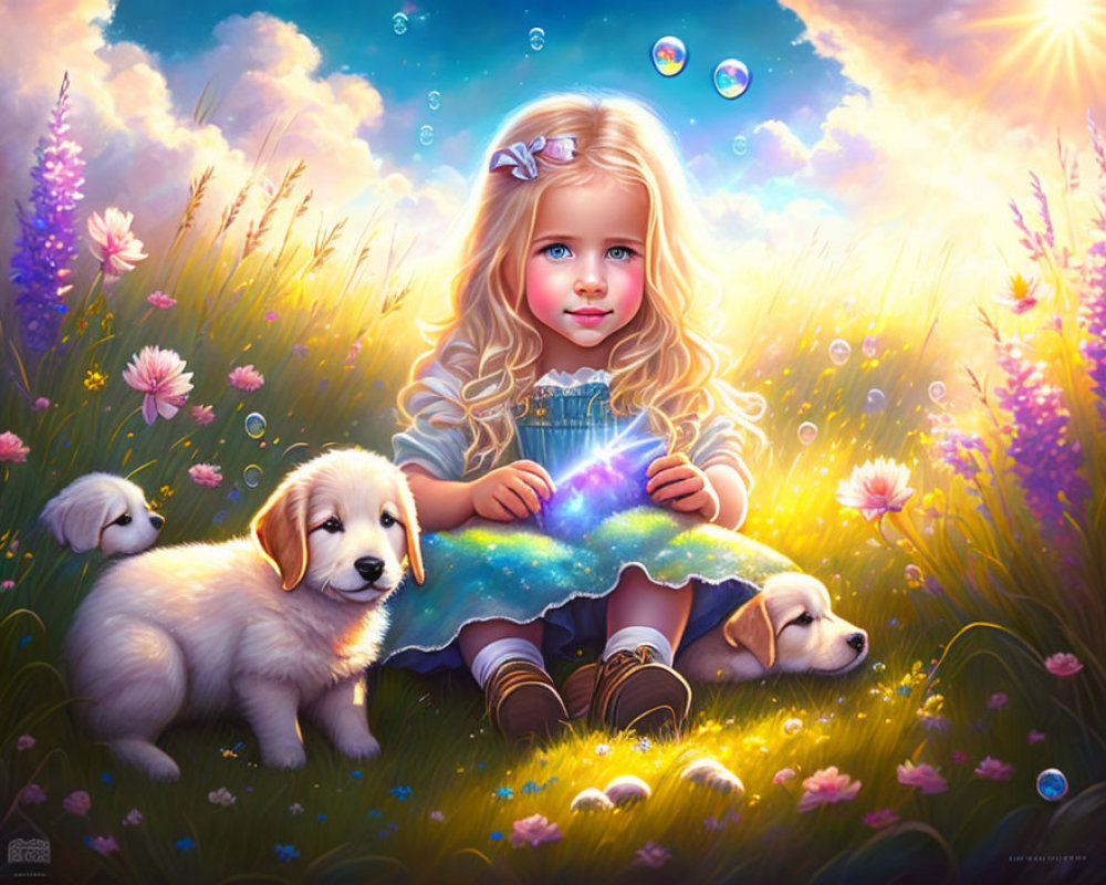 Blonde girl in sunlit meadow with starry void, bubbles, flowers, and puppies