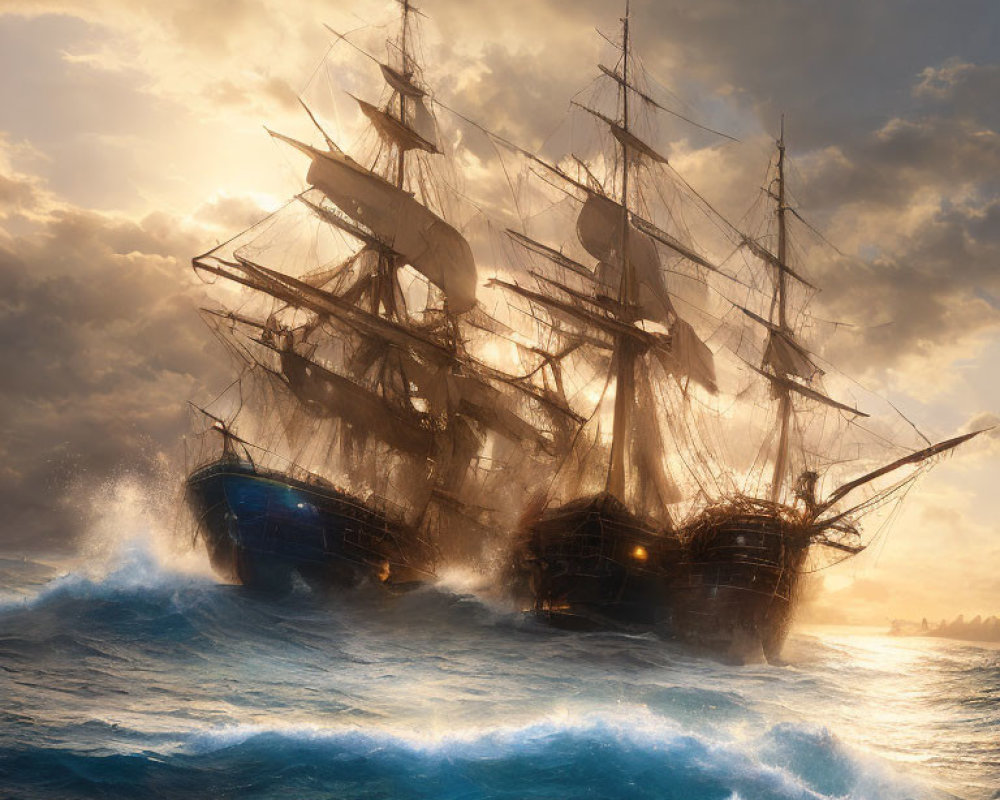 Majestic sailing ship with full sails in turbulent seas at sunset