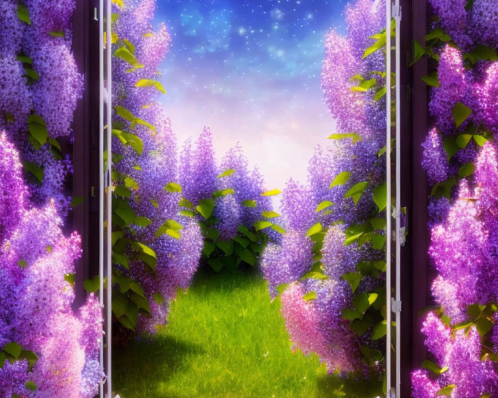 Lush garden with lilac bushes under starry night sky