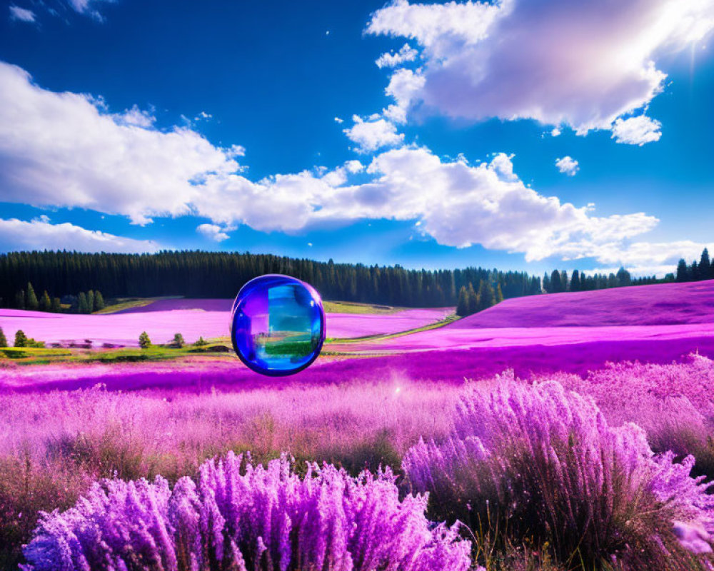 Lavender field with transparent bubble reflecting landscape