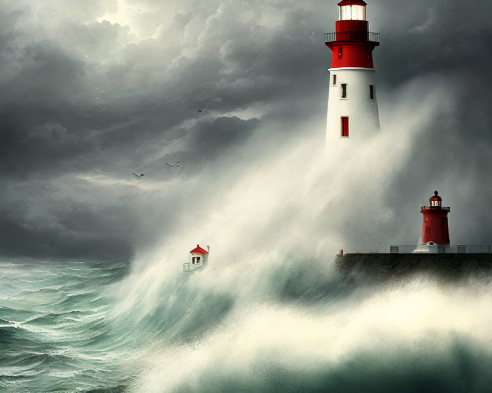 Stormy sea waves crash against lighthouse and building under tumultuous sky.