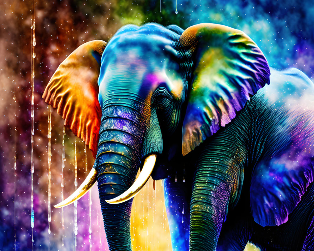 Colorful digital art: Elephant with iridescent texture on cosmic background