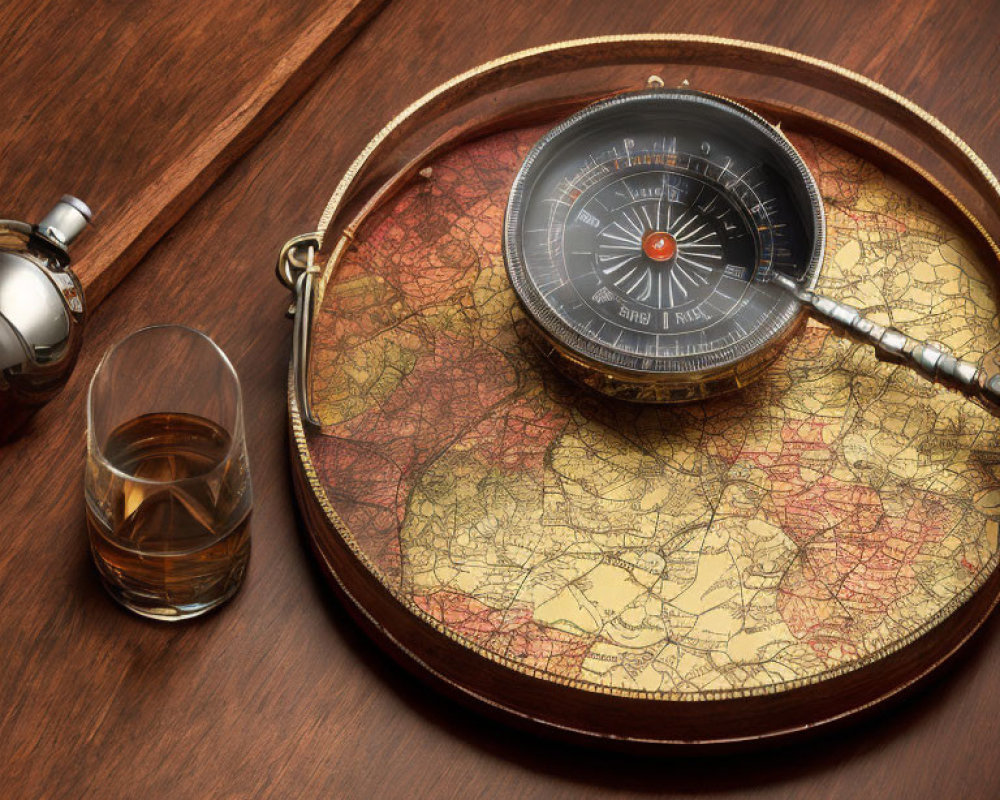 Vintage compass, old map, pocket watch, and whiskey on wooden table