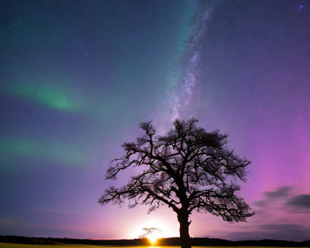 Solitary Tree in Field with Northern Lights and Sunrise/Sunset Sky