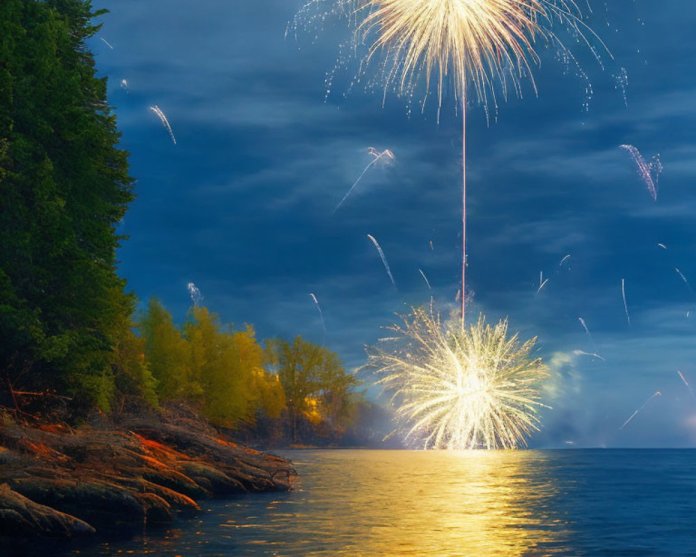 Night sky fireworks display over calm lake with forest reflection