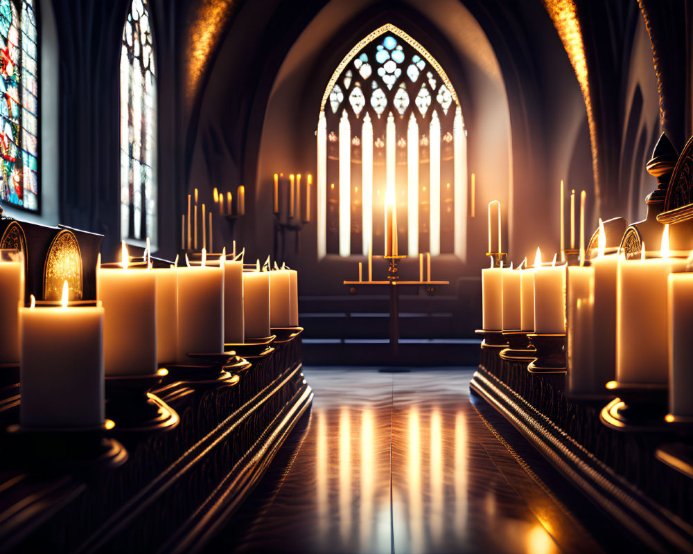 Gothic Church Interior with Candles, Stained-Glass Windows, and Altar Cross