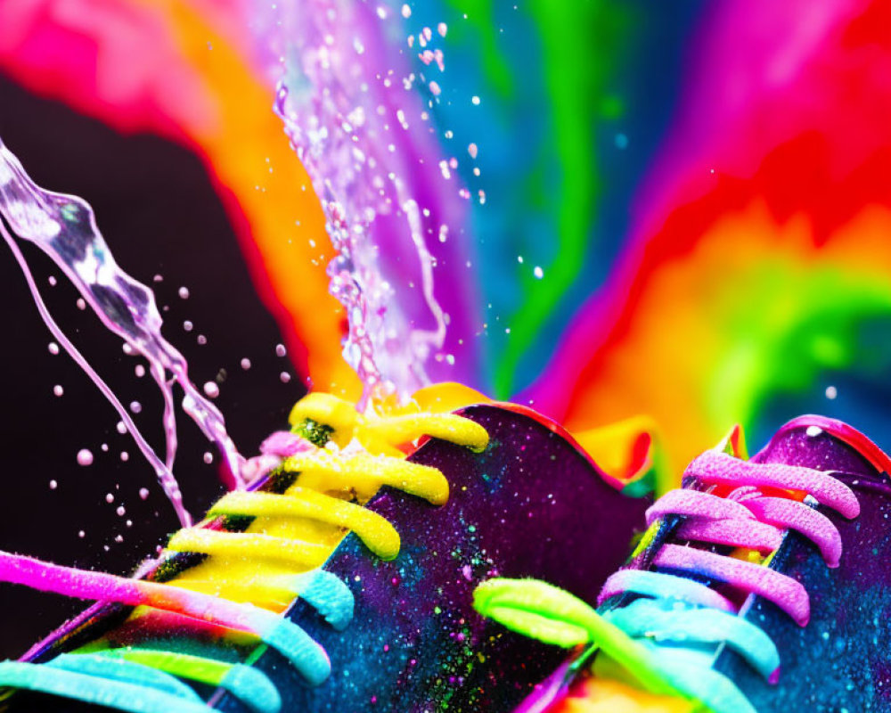 Vibrant Colorful Sneakers on Psychedelic Background with Water Splashes