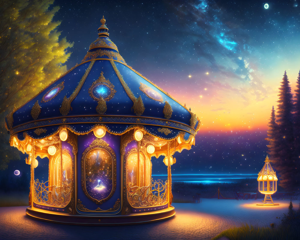 Ornate Carousel Under Starry Night Sky with Sunset, Beach, and Forest Path