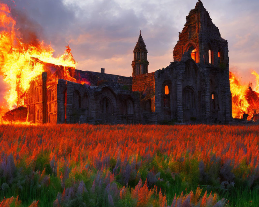 Flaming medieval gothic church ruins at dusk with orange flowers and dramatic sky