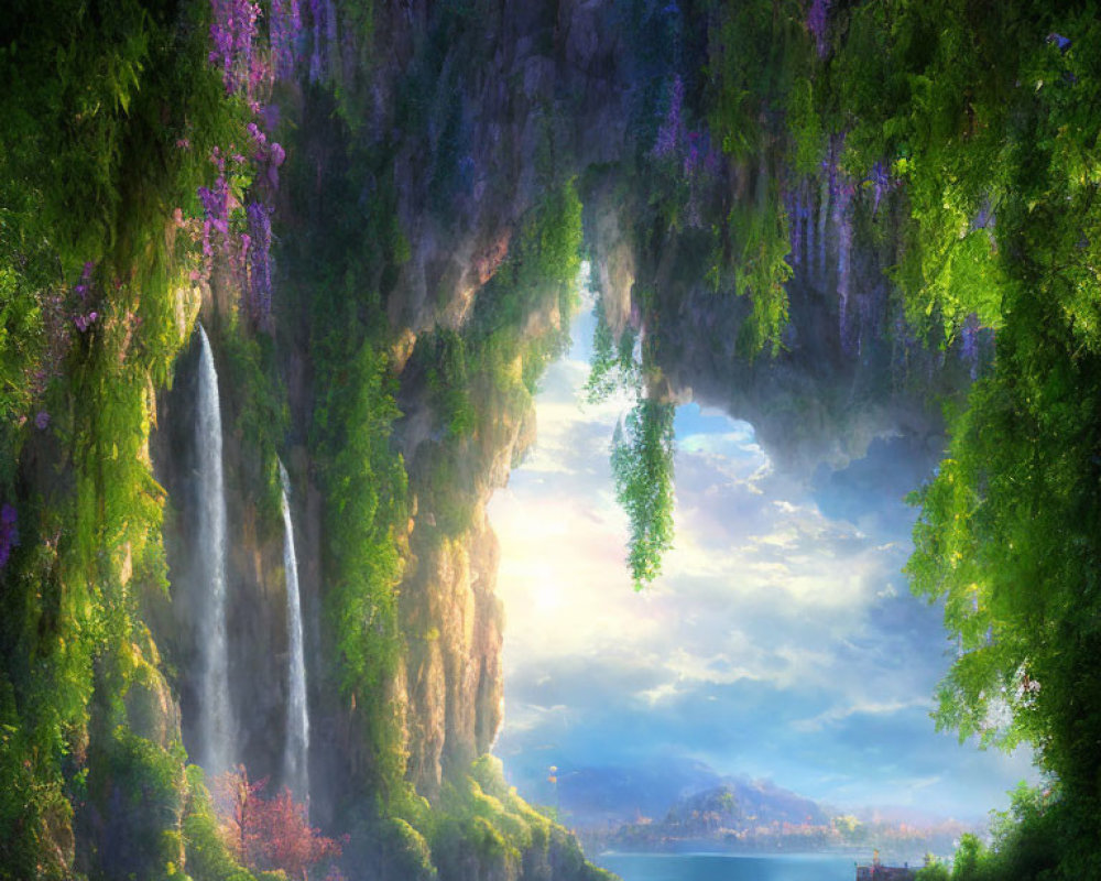 Fantasy landscape with cascading waterfall into misty bay