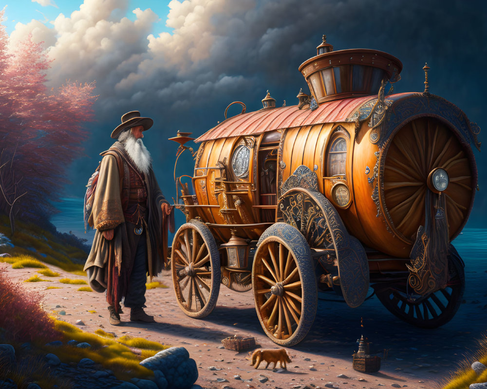 Bearded man in wide-brimmed hat next to steam-punk carriage on scenic path