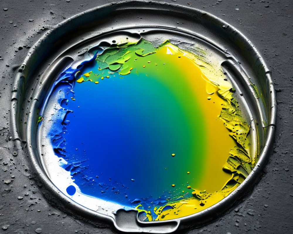 Colorful paint mix on silver lid with water droplets on dark surface